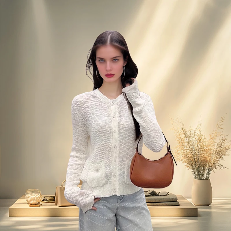 

New round neck vest cardigan knitted top button special small yarn long sleeved new beige knitted sweater