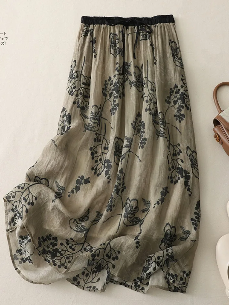 Retro bloemenprint linnen f rok dames zomer lichtgewicht ademend hoge taille gedrapeerde afslankende dubbellaagse a-lijn rok