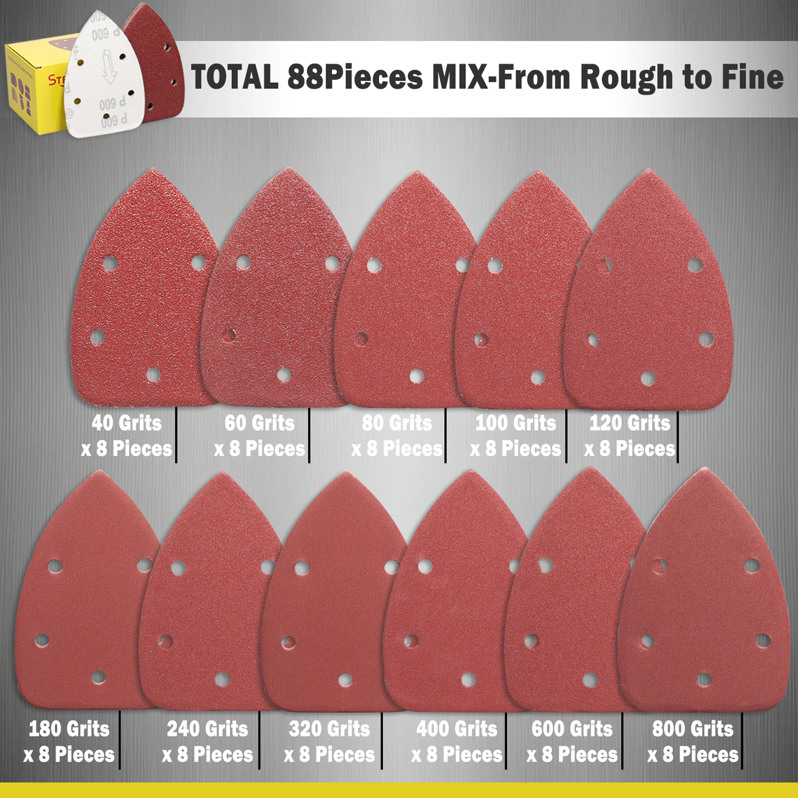 

88Pcs 40-800Grits Assorted Mouse Sander Pad Detail Sandpaper Sheets Hook and Loop 5 Holes Fit Black and Decker Sander Pads