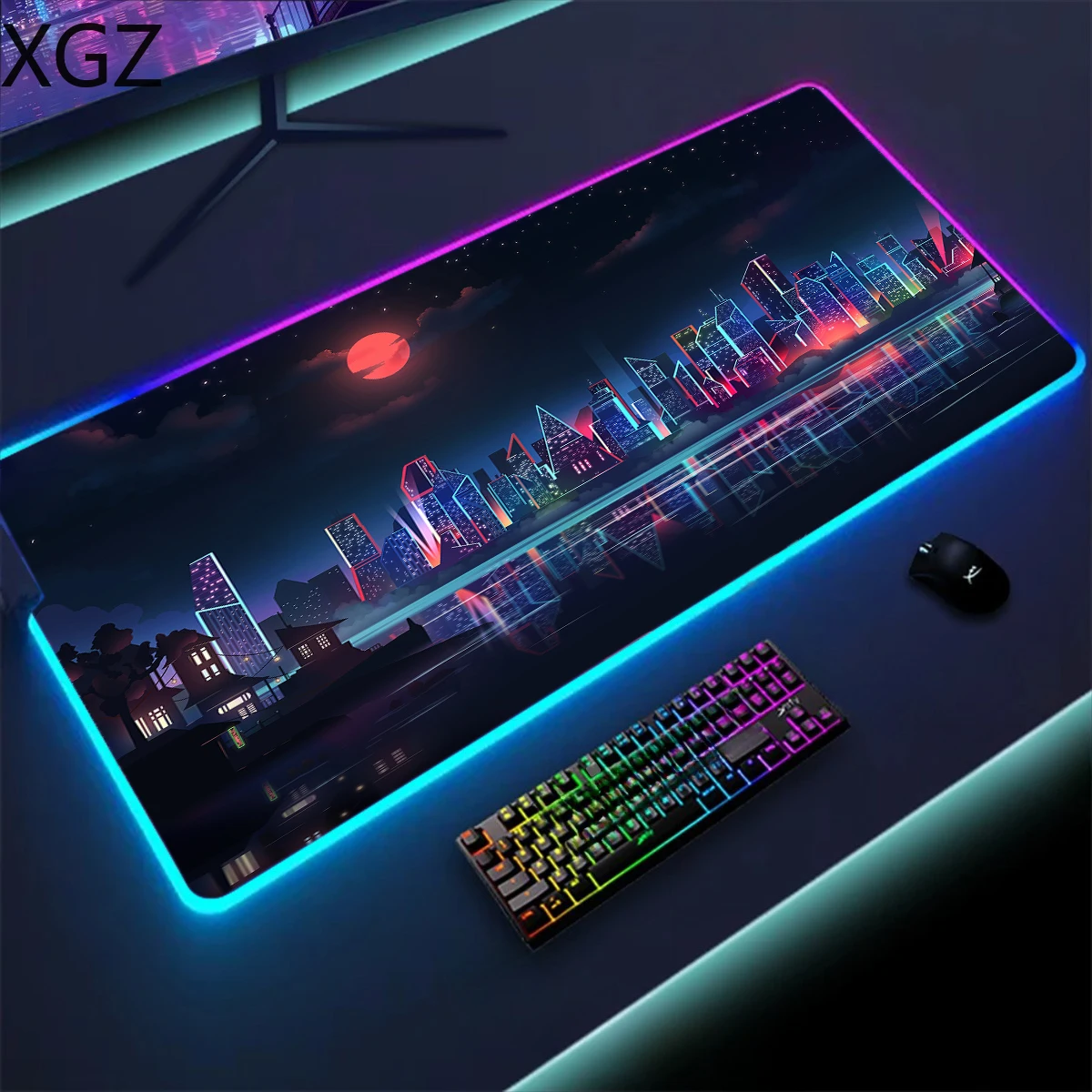 New city scenery RGB12 kinds of LED light gaming mouse pad 30X80cm non-slip suitable for e-sports office and home use