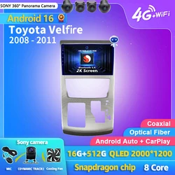 Android 16 Carplay 2K Screen Car Radio Multimedia Player For Toyota Vellfire 2008 - 2011 Autoradio WIFI+4G Stereo 2din Head Unit