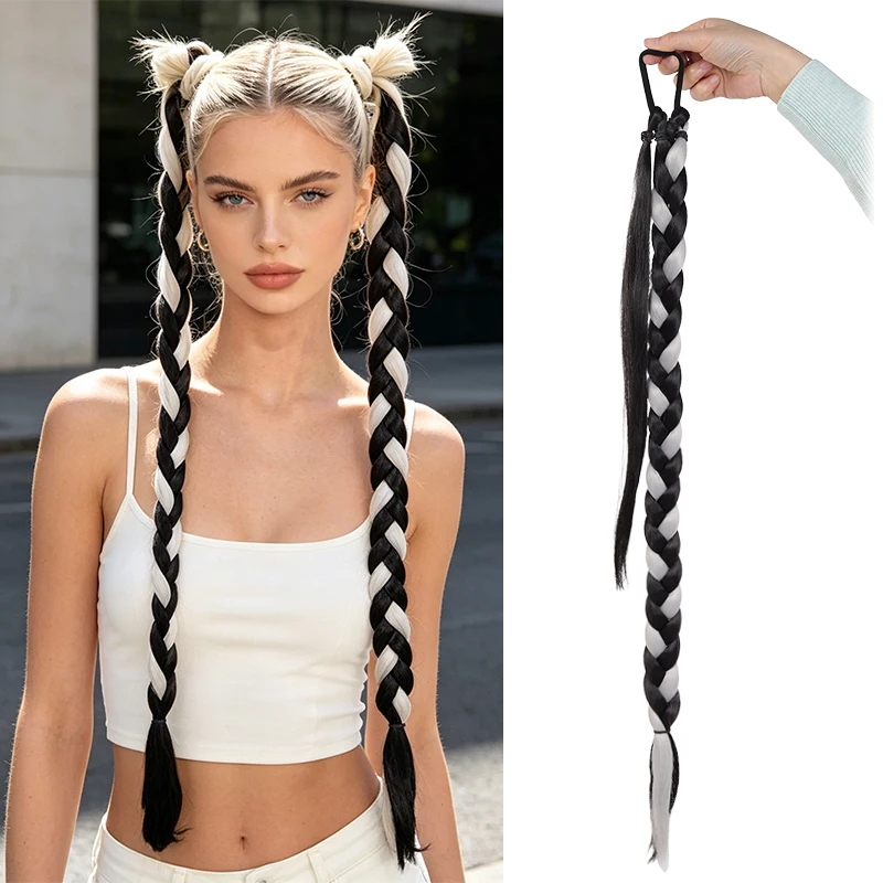Trendy 28-Inch Gray-Black Braided Ponytail – Synthetic Fiber, Edgy Look, Easy to Attach and Style