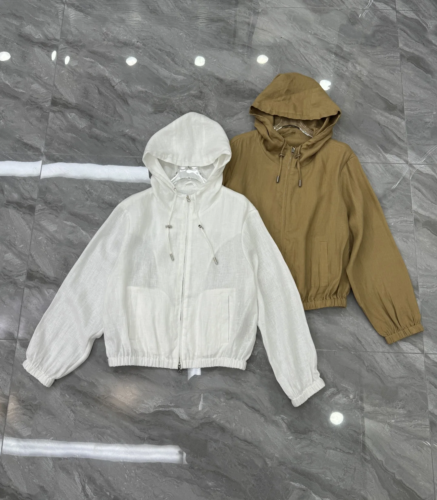

2025 Autumn Women's Linen Jacket Coat White Hooded Double Zipper Sun Top
