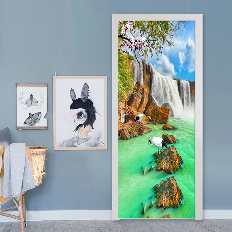 DIY PVC Self-adhesive 3D Door Sticker Waterfalls Forest Landscape Photo Wallpaper Murals Living Room Bedroom Creative Home Decor