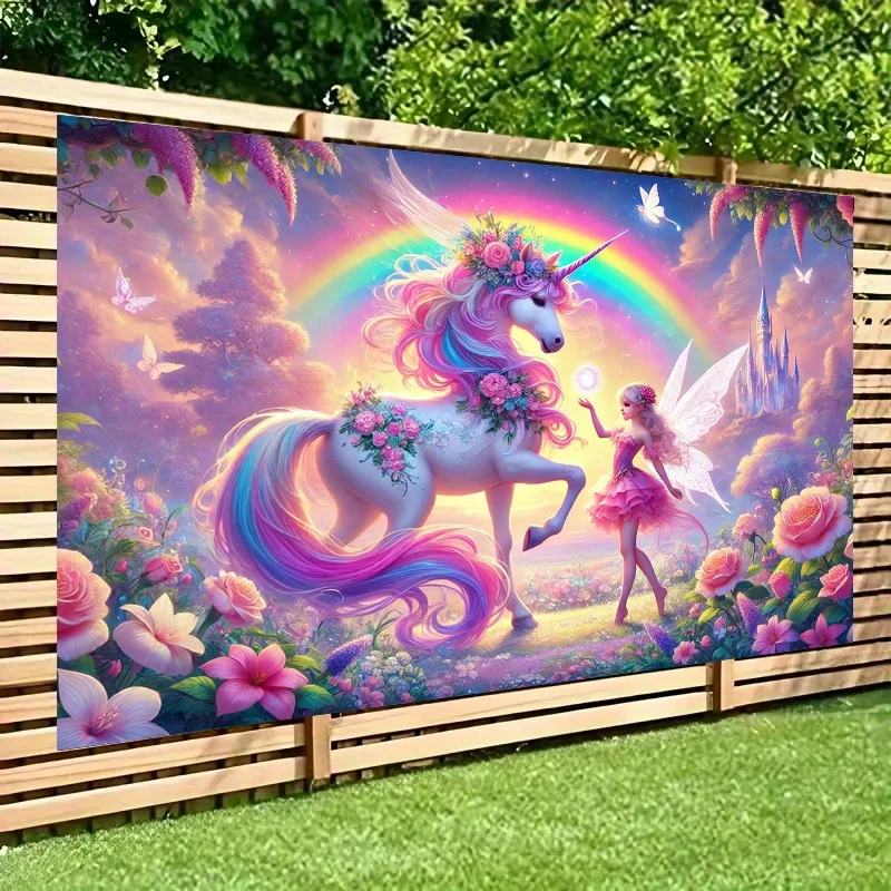 1 Stück magischer Einhorn- und Feen-Polyester-Hintergrundstoff – lebendige Regenbogen, Blumen und magische Waldszenen. Für Partys