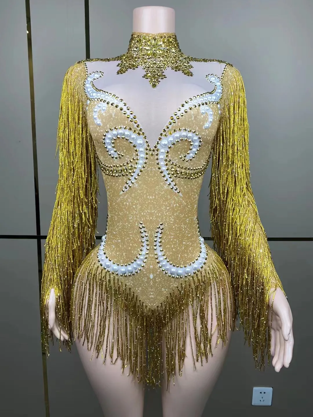 Combinaison courte brillante avec strass pour femmes, ensemble Sexy à franges en maille transparente, Costume de danse latine pour spectacle sur scène et discothèque