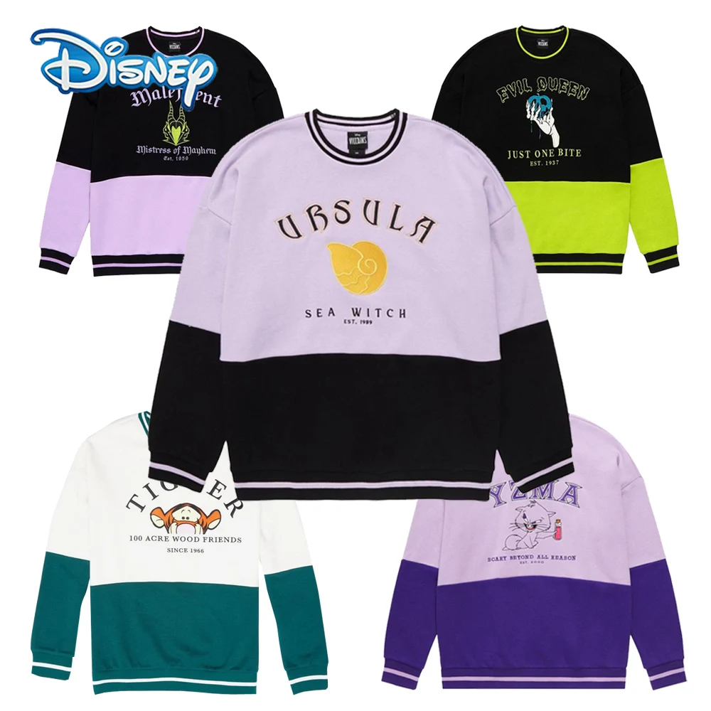 

Disney Sweatshirt Women Villains Embroidery Evil Queen Ursula Contrast Color Fleece Pullover O Neck Loose Jumper Tops Unisex New