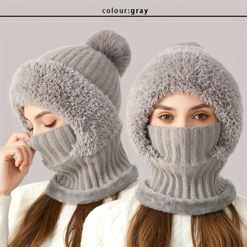 Winter Knit Hat with Fleece Lining and Ear Flaps - 3-in-1 Beanie Scarf Mask Set - Windproof Warm Hood Neck Warmer for Cycling