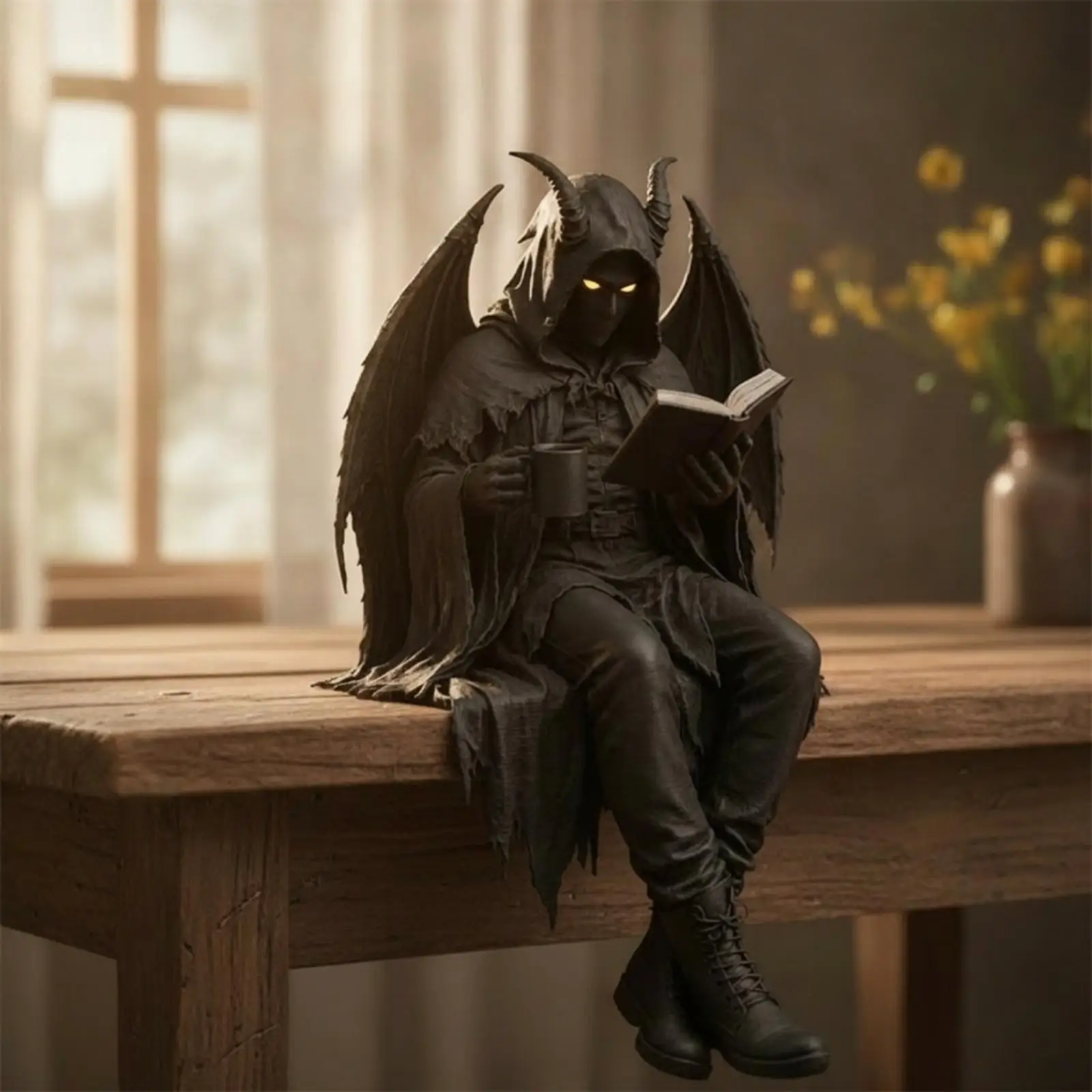 Scholar Hooded Figurine Gothic Resin Book Reading Statue Dark Academia Decor for Study Desk Bookshelf Shelf Cabinet Ornament
