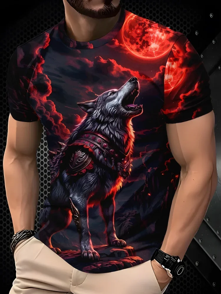 Trend Street Style Moon Howling Wolf Print T Shirt Daily Casual Man Streetwear Summer Crew Neck Short Sleeve Tops