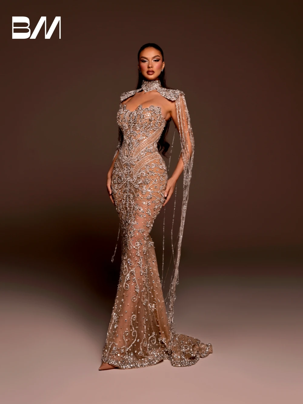 Champagne Lining Beaded Embroidery Mermaid Wedding Dress Shiny Tassel Customized Bride Gown Stunning Crystals Church Wear
