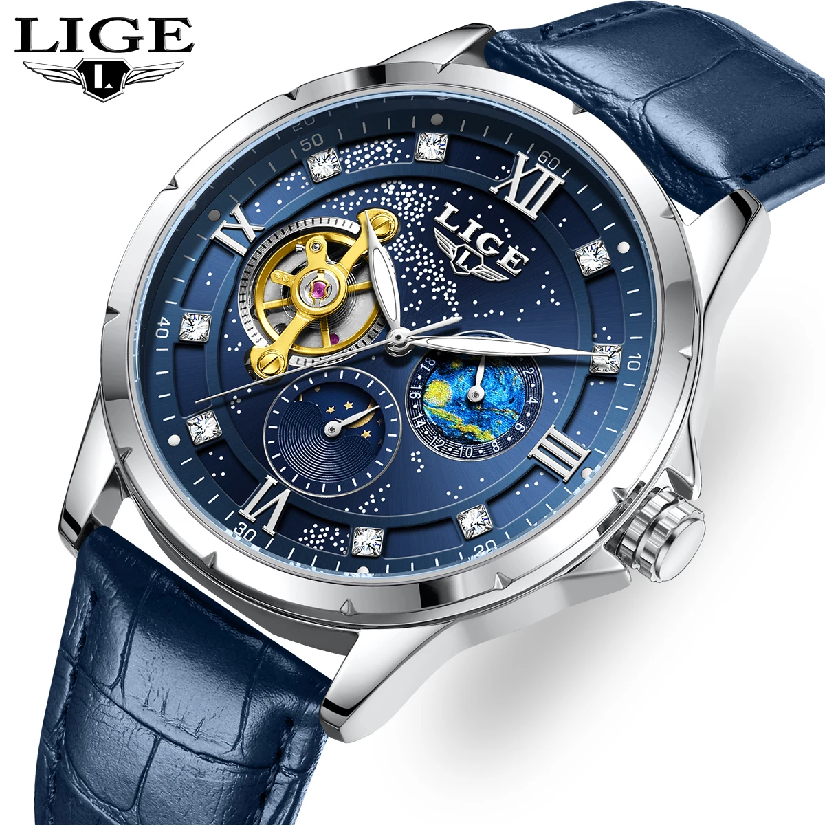 

LIGE Men's Watch Fashion Business Date Moon Phase Mechanical Men Watches Luxury Hollow Tourbillon Waterproof Watch For Men