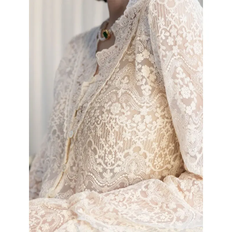 엘레 롱 슬리브 레이스 캐주얼 브이넥 홀로우 아웃 여성 탑 레이스 트림 루즈핏 가을용