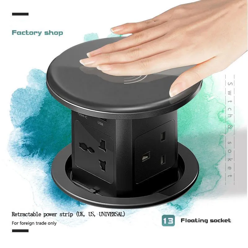 UK, US, EU Standard 13A Adjustable Power Strip For Kitchen Islands, With Retractable Cable, USB Type-C Wireless Fast Charging