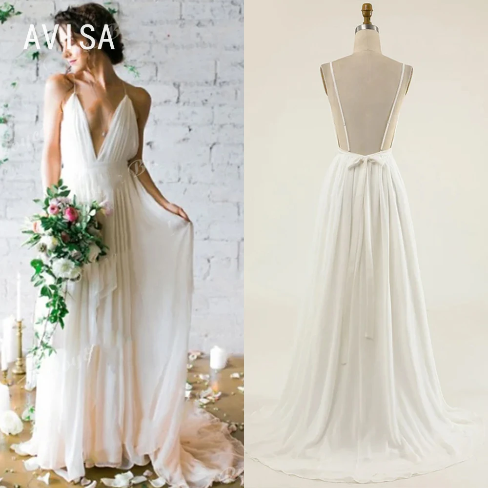 Vestido de casamento de chiffon aberto, gola V simples, cintas de espaguete, sem encosto, linha A, vestidos de noiva sexy, vestido de varredura, 2024