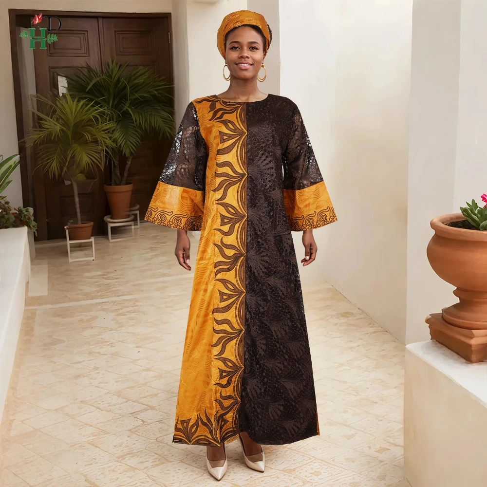 African Clothes Plus Size For Women Elegant Dresses Bazin Riche Lace Spliced Gown Embroidery Party Wedding Traditional Wear 2025