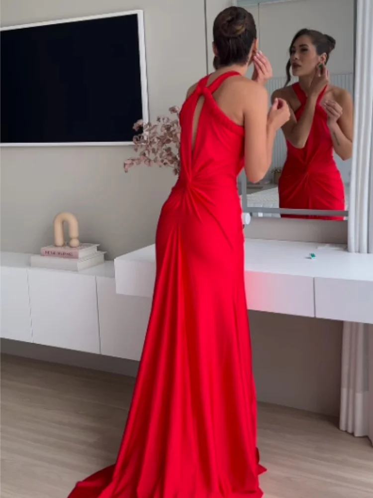 Rosered  Red Color Women Sexy Off the Shoulder Halter Backless Long Mermaid Dress Elegant Evening Party Celebrate Wedding Dress