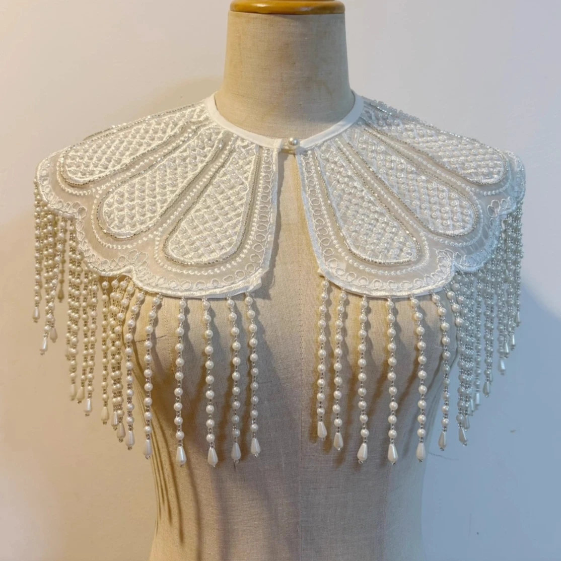 

Elegant Pearl Shoulder Cape Vintage Shawl Handmade Accessory Chinese Style Fringe Cover