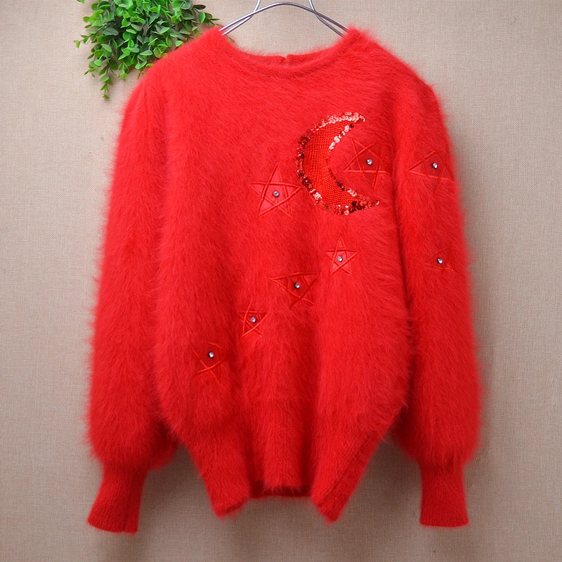 Women Mujer Autumn Winter Red Vintage Embroidery Beading Hairy Angora Rabbit Hair Knitted O-Neck Long Sleeves Loose Sweater Pull