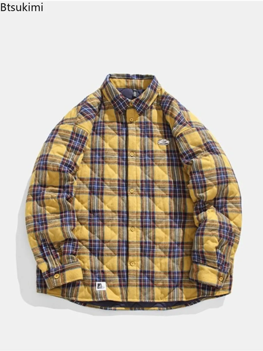 2025 Men's Korean Style Parkas Winter Vintage Thick Plaid Buttons Fashion Male Coat Embroidered Logo Couple Cotton-padded Jacket