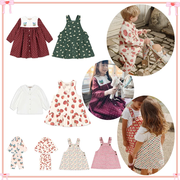2026 KS Summer Children Clothes Toddler Girls Heart Print Overalls Dress Cherry Pants Outwear Lace Shirt For Kids Trousers Set