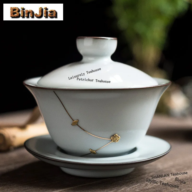 

90 мл Bluish White Curium Nail Gaiwan Элегантная чайная чаша Чайная чаша для чая с крышкой Набор чайника Крышка Чаша Чайный сервиз Кунг-фу Подарочный набор