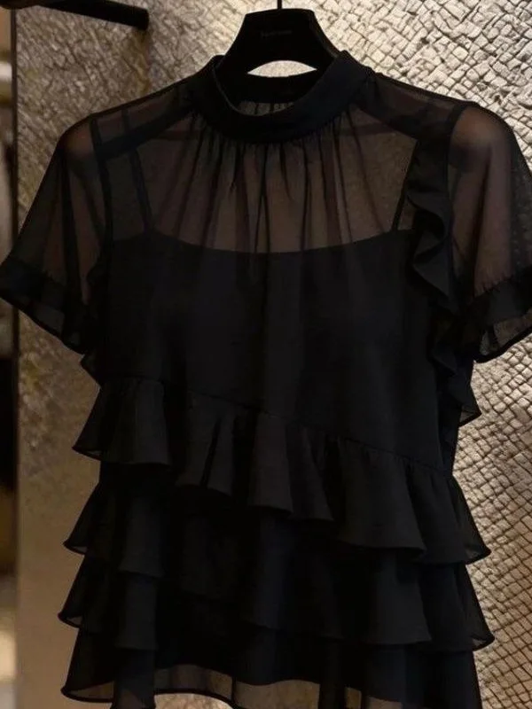 

Elegant Black See-through Short Sleeve Women's Top Spring 2026 Slimming Age-defying Bordered Blouse Korean Style Commute Wind