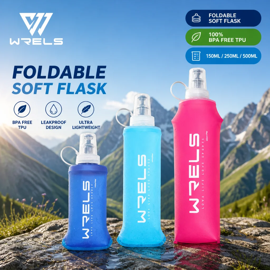 WRELS Soft Flask Foldable Collapsible Water Bottle Ultralight Running Hydration Flask Outdoor Hiking Marathon Squeeze Bottle