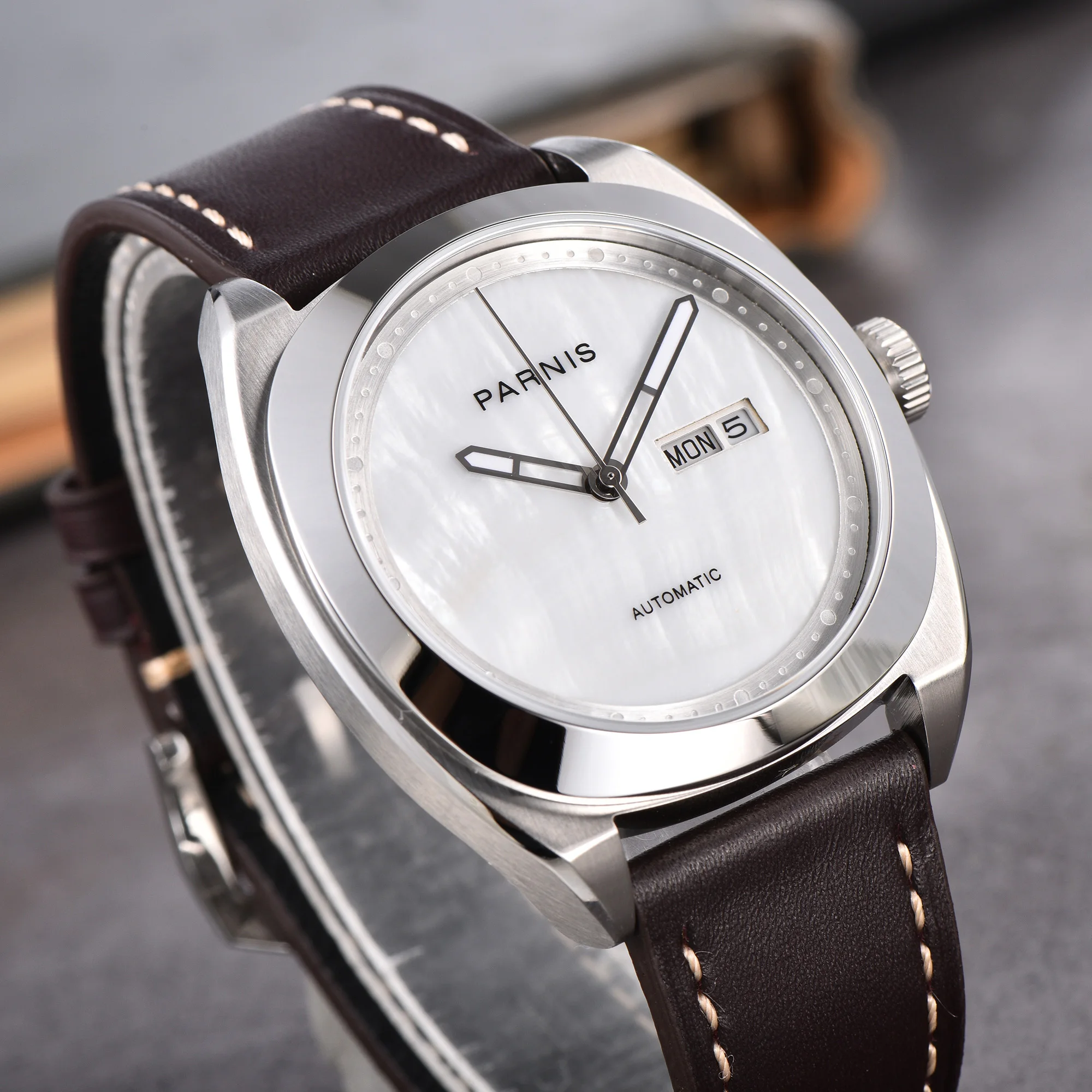 파르니스 42mm 실버 케이스 기계식 오토매틱 남성용 시계 사파이어 크리스탈 가죽 스트랩 남성용 방수 시계 reloj hombre 2025