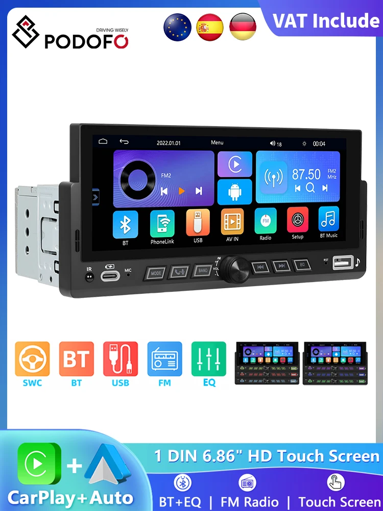 Podofo 1DIN 6.86 "HD Touchscreen Monitor Auto MP5 Speler Draadloze CarPlay Android Auto Multimedia Bluetooth FM Radio Ontvanger - afbeelding 2