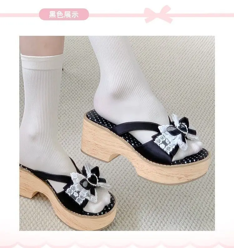 Sweet Bow Wood Grain Thick Bottom Platform Slippers Women Summer Japanese Cos Comfortable High Heeled Sandals