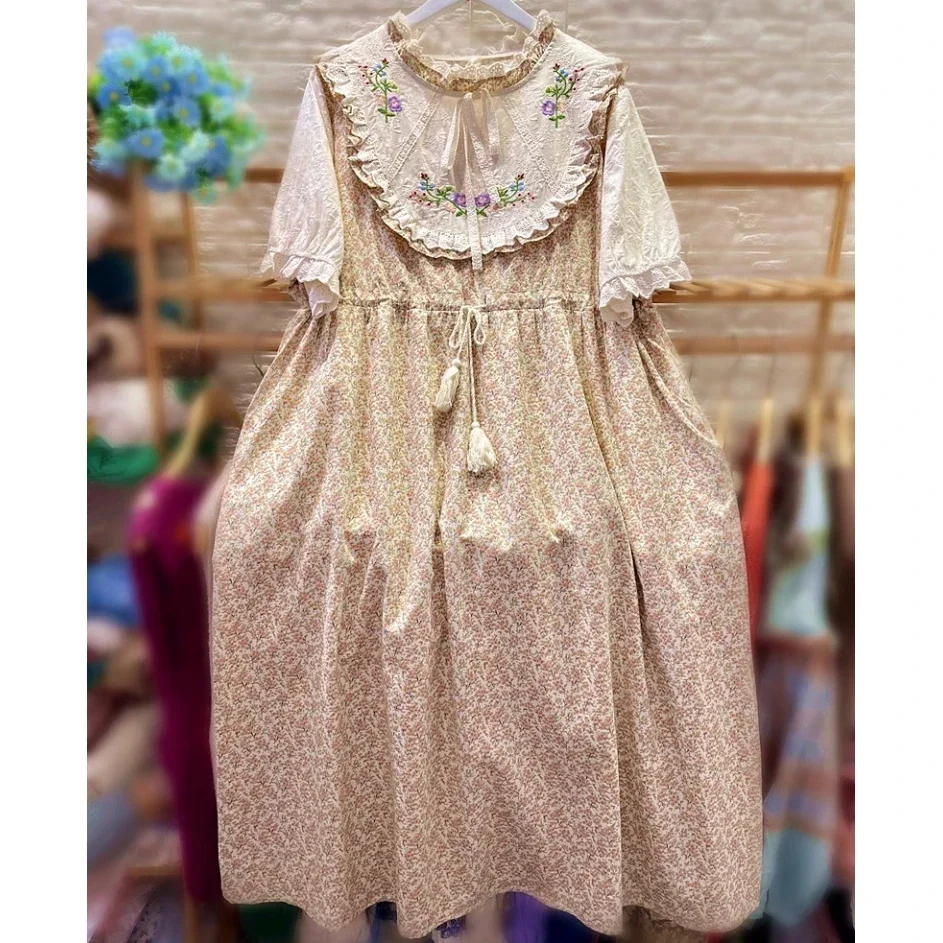 

Mori Girl Cotton Patchwork Ruffled Lace Embroidery Long Midi Dress Female Retro Vintage Cottagecore Victorian Rococo Tunic Dress