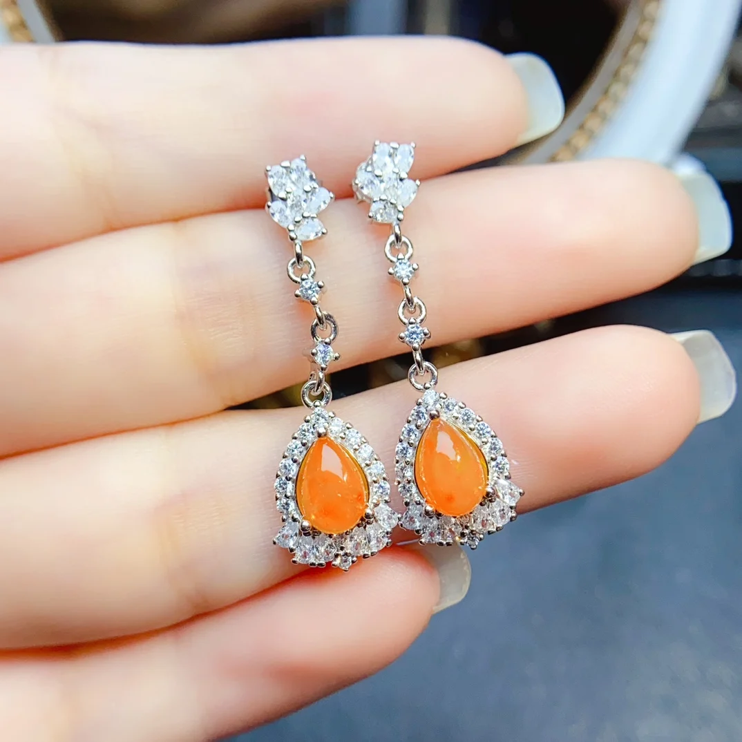 

FS Fashion 6*8mm Natural Fire Opal Earrings S925 Sterling Silver Fine Charm Weddings Jewelry for Women MeiBaPJ Certificate