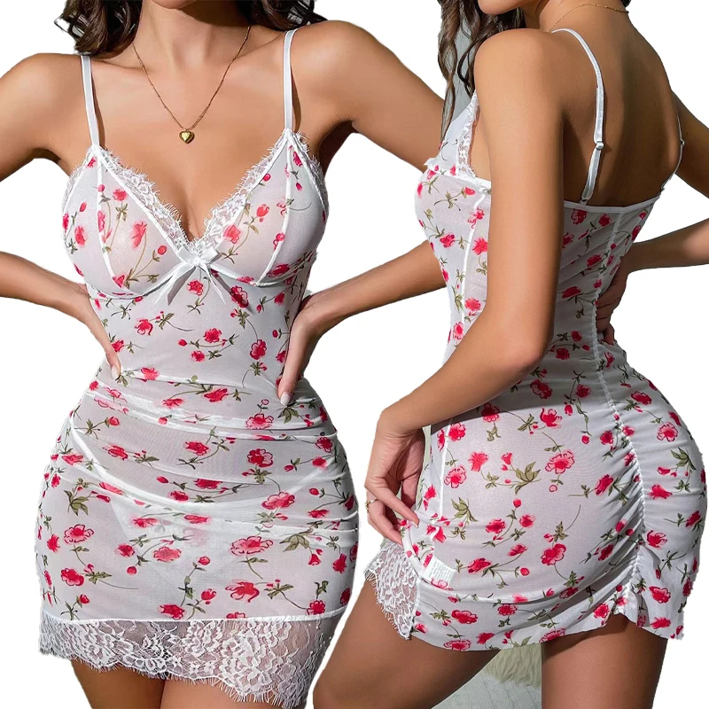 Summer Mesh Pajama Sexy Dress Floral Printed Lace Sleepwear for Women Home V-neck with Strap Camisole Thong Hot Mini Nightdress