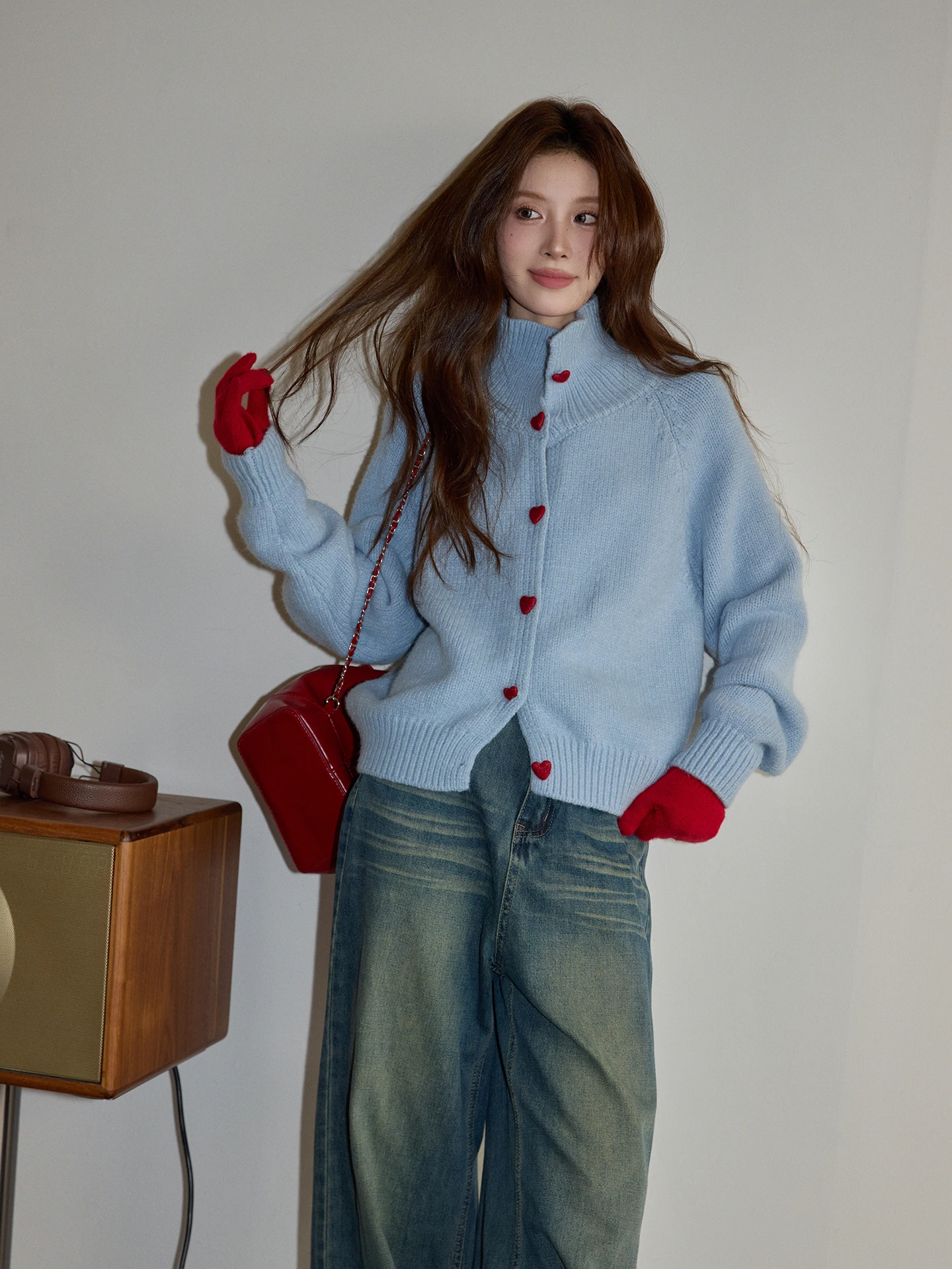 

Синий вязаный утепленный свободный свитер-кардиган с воротником-стойкой, зимняя верхняя одежда класса люкс для женщин, для повседневной носки