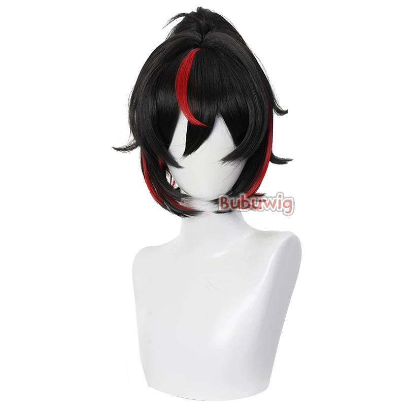 Bubuwig Synthetic Hair Zhu Yuan Cosplay Wigs Zenless Zone Zero Zhu Yuan 37cm Short Black Mixed Red Ponytail Wig Heat Resistant