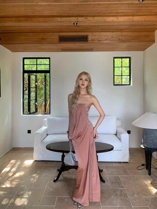 Elegante Vestido Tubo Plisado Tricolor para Mujer, Vestido Largo Estilizador de Alta Gama, Estilo Coreano, Cierre de Cremallera, Cintura Alta, Falda Línea A