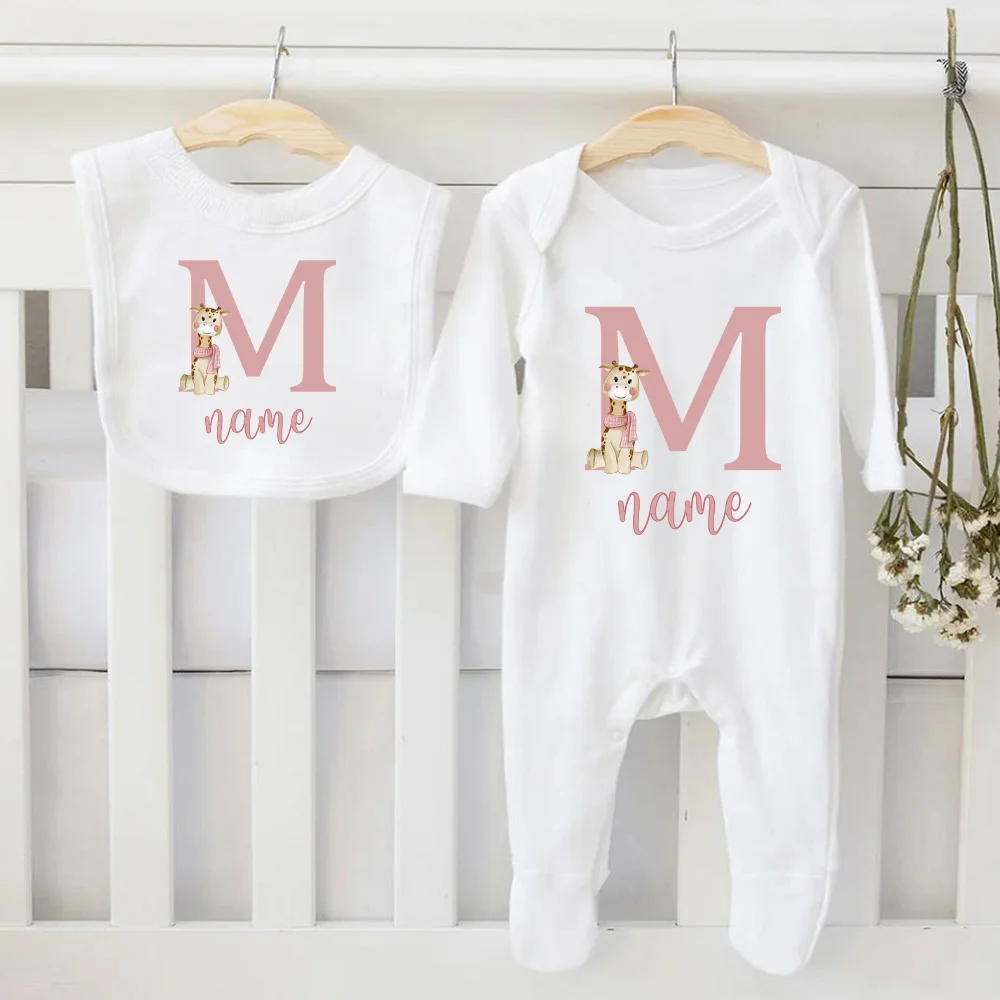 Personalised Baby Bib & Bodysuit Custom Name Infant Bibs and Sleepsuit Set Newborn Coming Home Hospital Romper Baby Shower Gifts