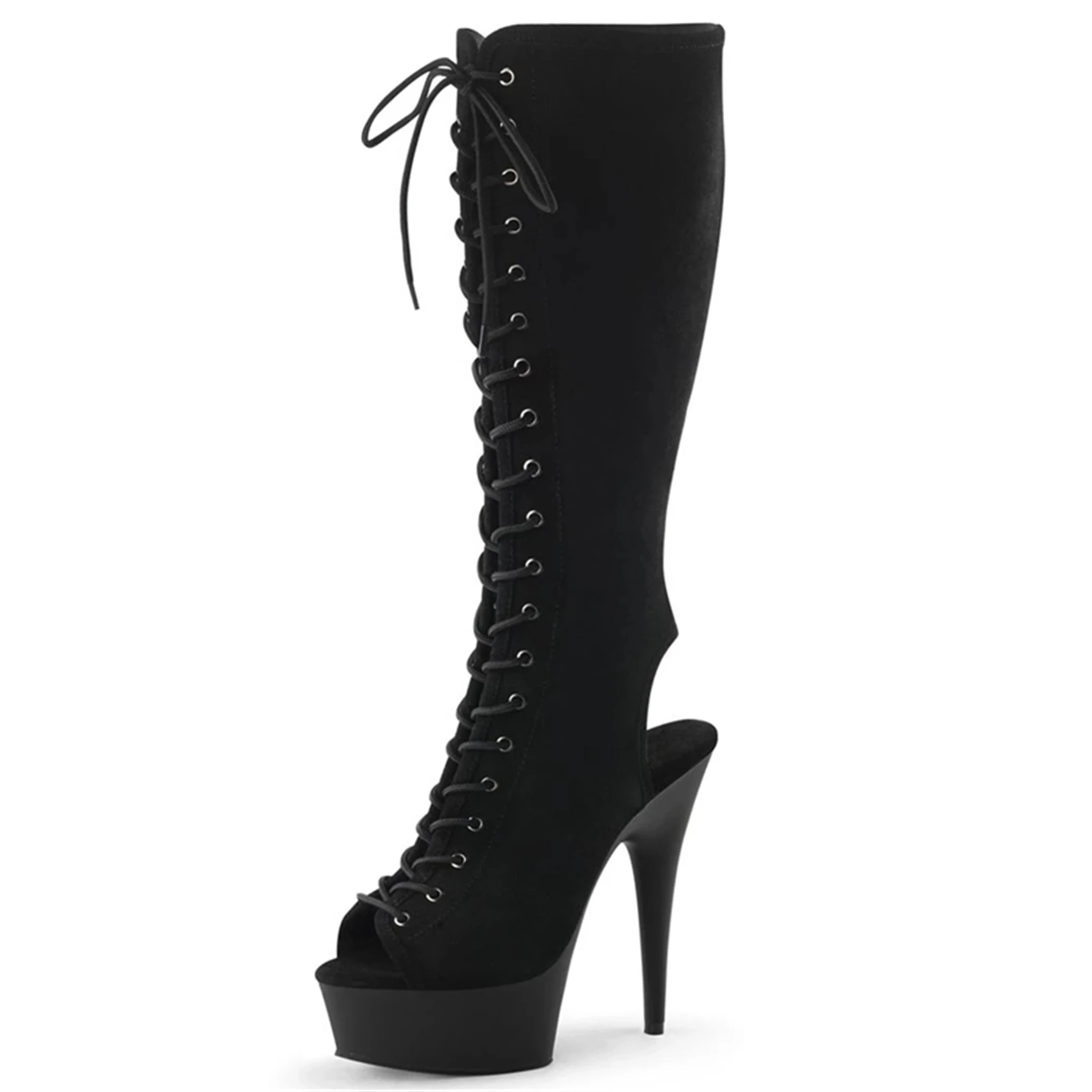 

Gothic Punk Fetish Boots 15CM High Heel, Black Open Toe Lace Up Thigh High Boots for Drag Queen Performance, Club Wear