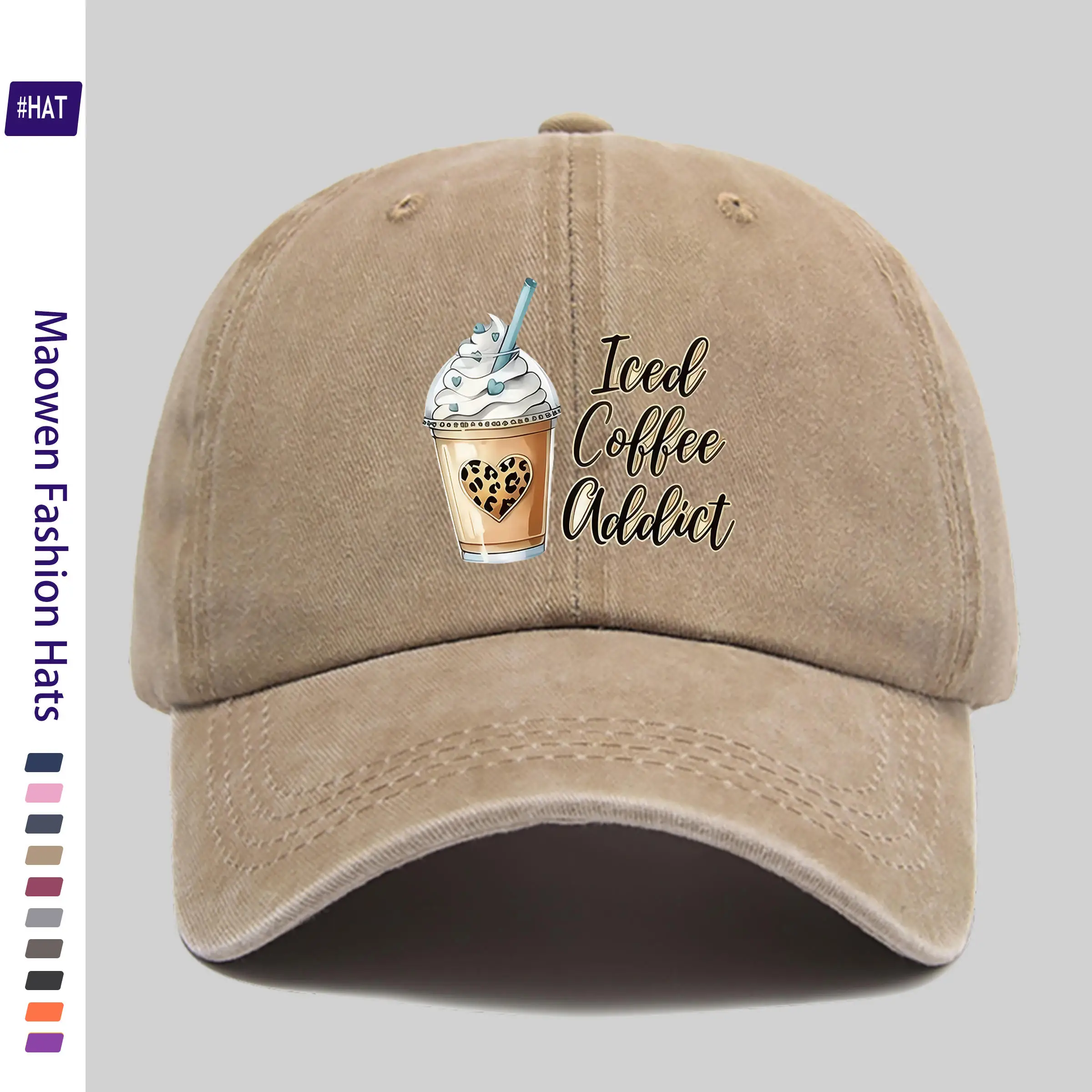 1pc Unisex Baseball Cap with Leopard Print Heart and Cream Iced Coffee Addiction Pattern Heat Transfer Print, Adjustable