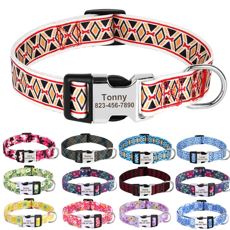 Personalized Fashion Dog Collar Nylon Flower Print Puppy Pet Collars Customized ID Collars for Small Medium Large Dog Chihuahua