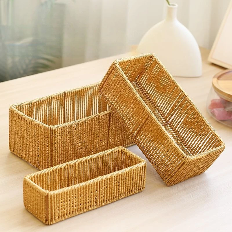 

Plastic Faux Rattan Organizer Box Rectangular Storage Coffee Table Living Room TV Stand Snack Basket Handmade Woven Home Decor