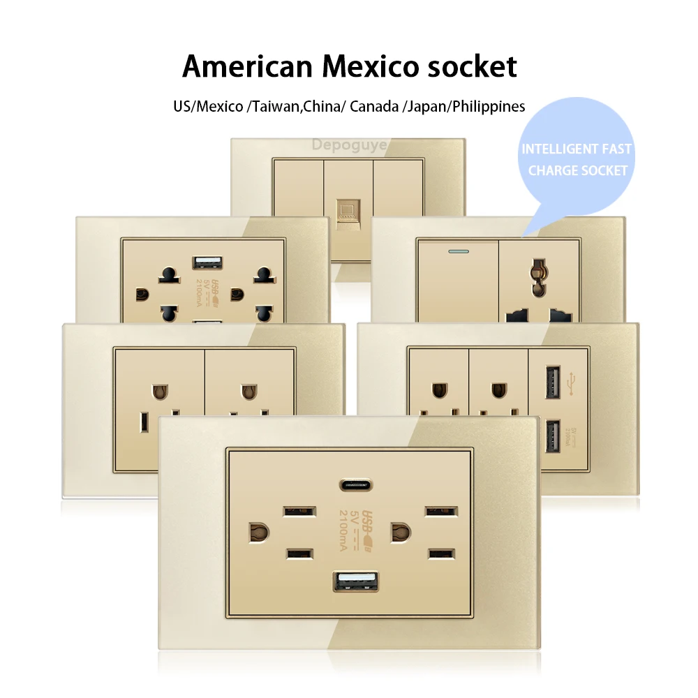 Presa USB a doppia parete standard americana, adattatore per presa interruttore luce in vetro temperato Messico USA per uso domestico Tipo-c