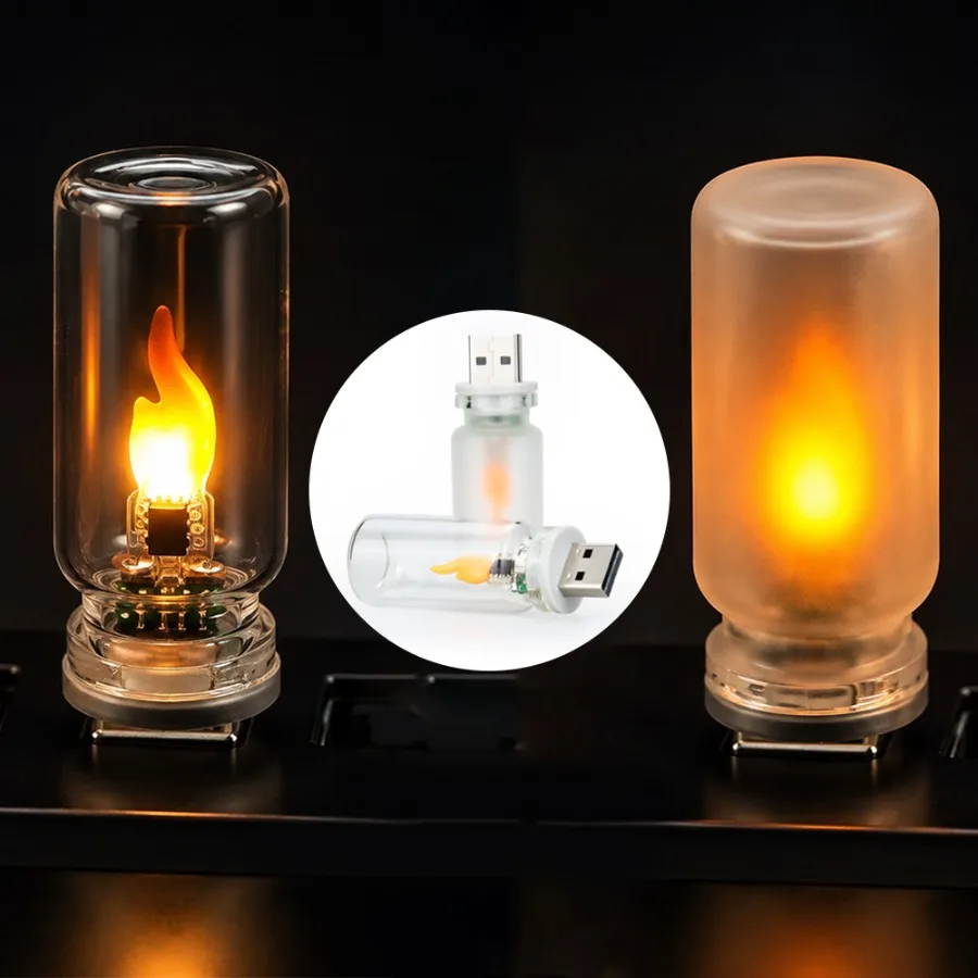 Mini Frosted Transparent USB LED Flashing Flame Candle Light Ambient Light for Car Home Room Laptop PC Festival Decoration