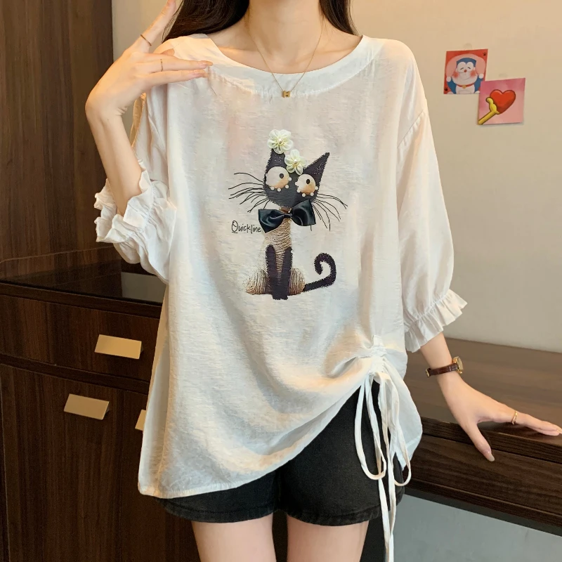 

Plus Size Summer Korean Sweet Youthful Printed Loose Short Sleeve Chiffon Drawstring Top for Women