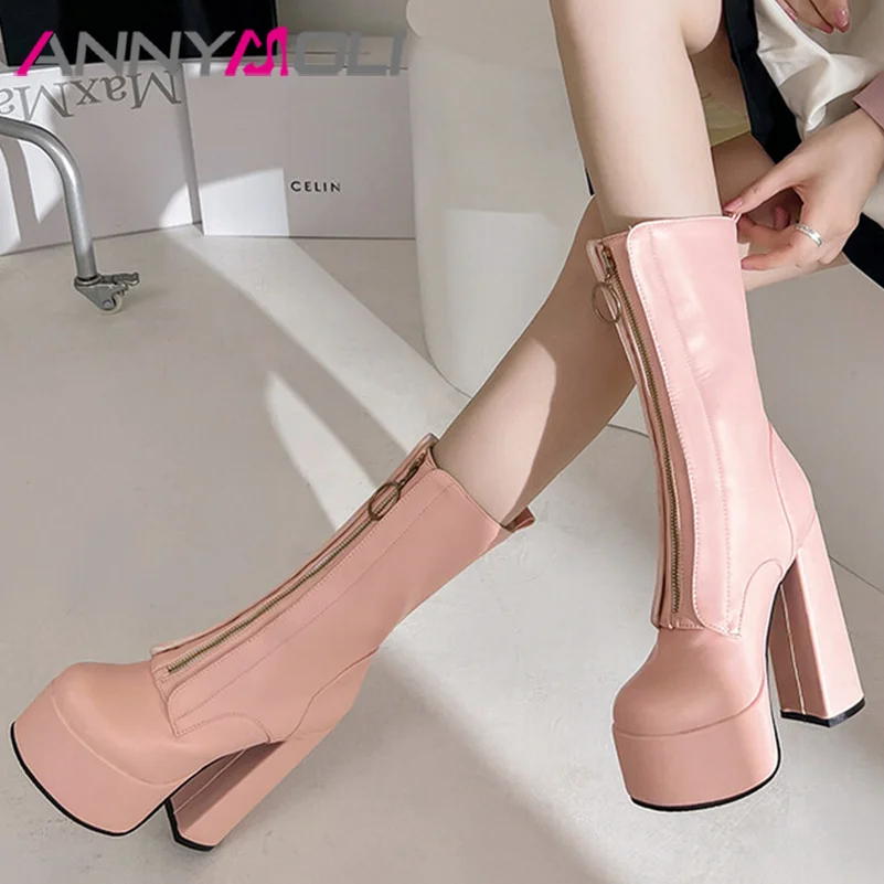 

ANNYMOLI Women Pu Leather Fashion Boots Mid Calf Boots Platform Thick High Heel Round Toe Zipper Sexy Winter Autumn Shoes Pink