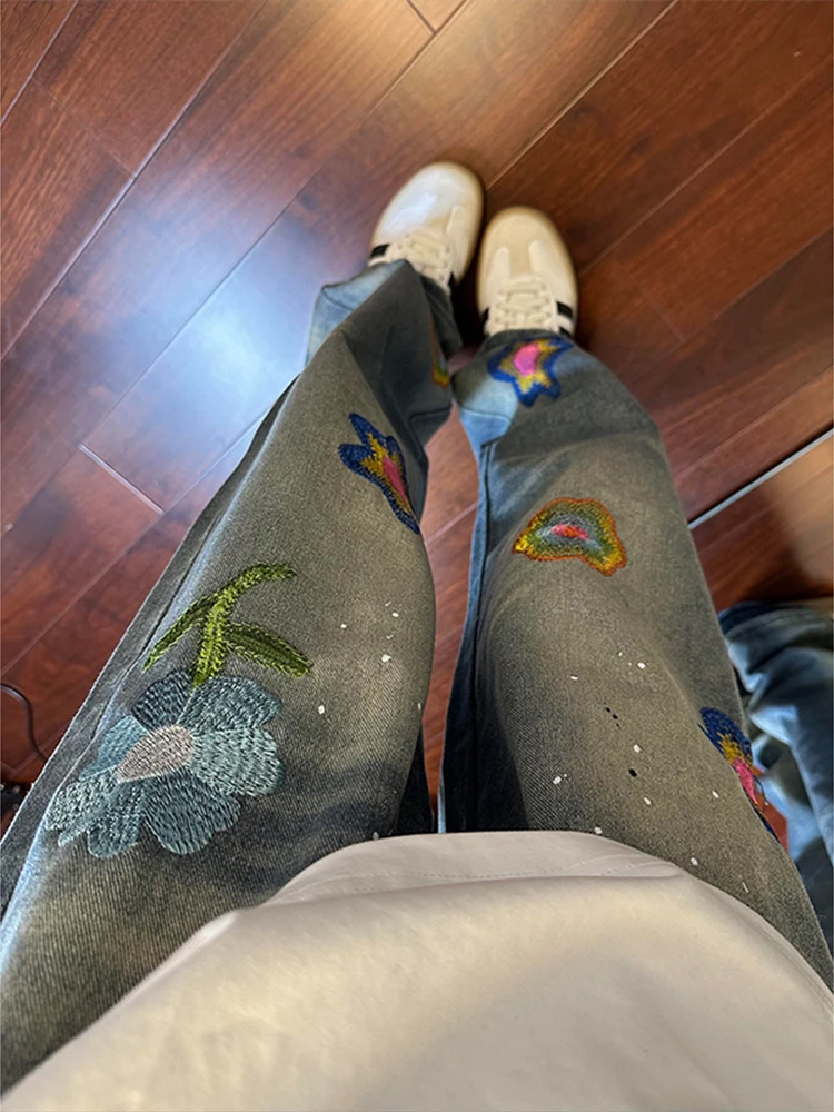 

Waed Heavy Embroidery Men's Jeans American Retro Cleanfit Straight Leg Micro Flared Pants Youthful Trendy Long Pants