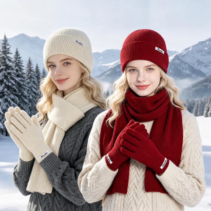 Winter Outdoor Warm Ear Protection Head Cap. European Style, Simple and Versatile. Knitted Wool Hat, Gloves and Scarf Set.