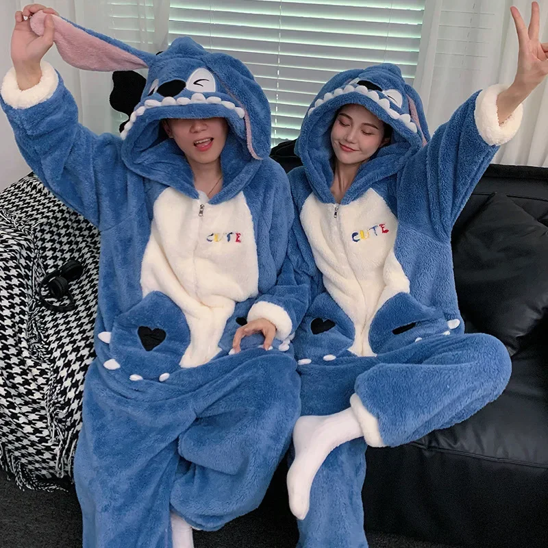 Cartoon Disney Couple Pajamas Winter 100% Cotton Two-piece Set Hooded One-piece Set Stitch Men\'s/Women\'s Pajamas 50% Off