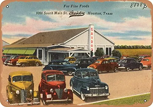 Metal Sign Texas Postcard - for fine Foods, 9200 South Main St, Gaido's, Houston, Texas - Vintage Rusty Look